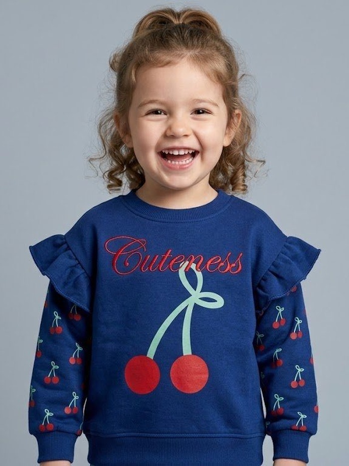 Cherry Cuteness Sweatshirt Navy Blue - Girl (Patterned Ruffle Sleeves)