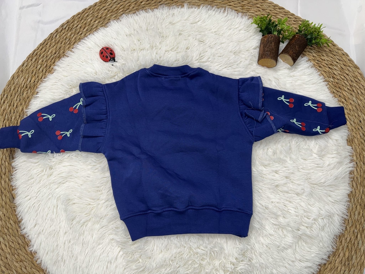 Cherry Cuteness Sweatshirt Navy Blue - Girl (Patterned Ruffle Sleeves)