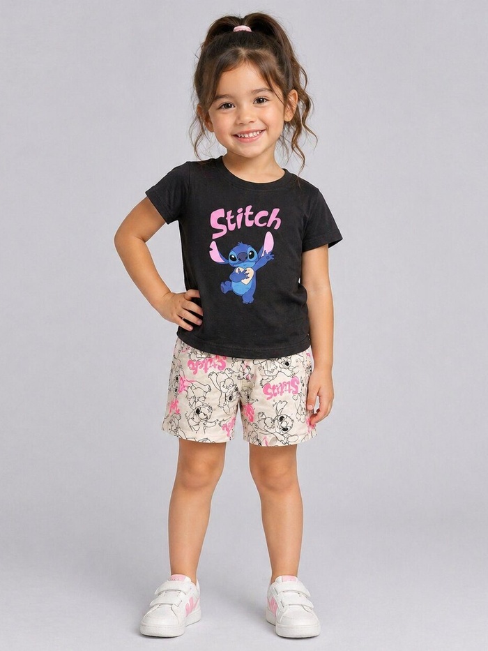 Stitch Black Shorts Set - Girl (Beige Shorts)