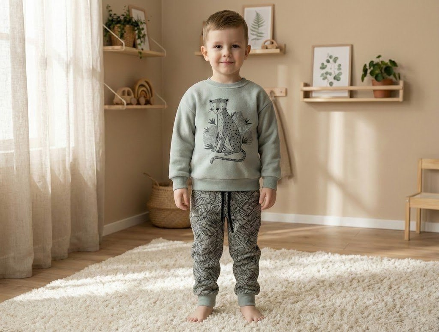 Grey Leopard Set - Boy (Leaf Print Pants)