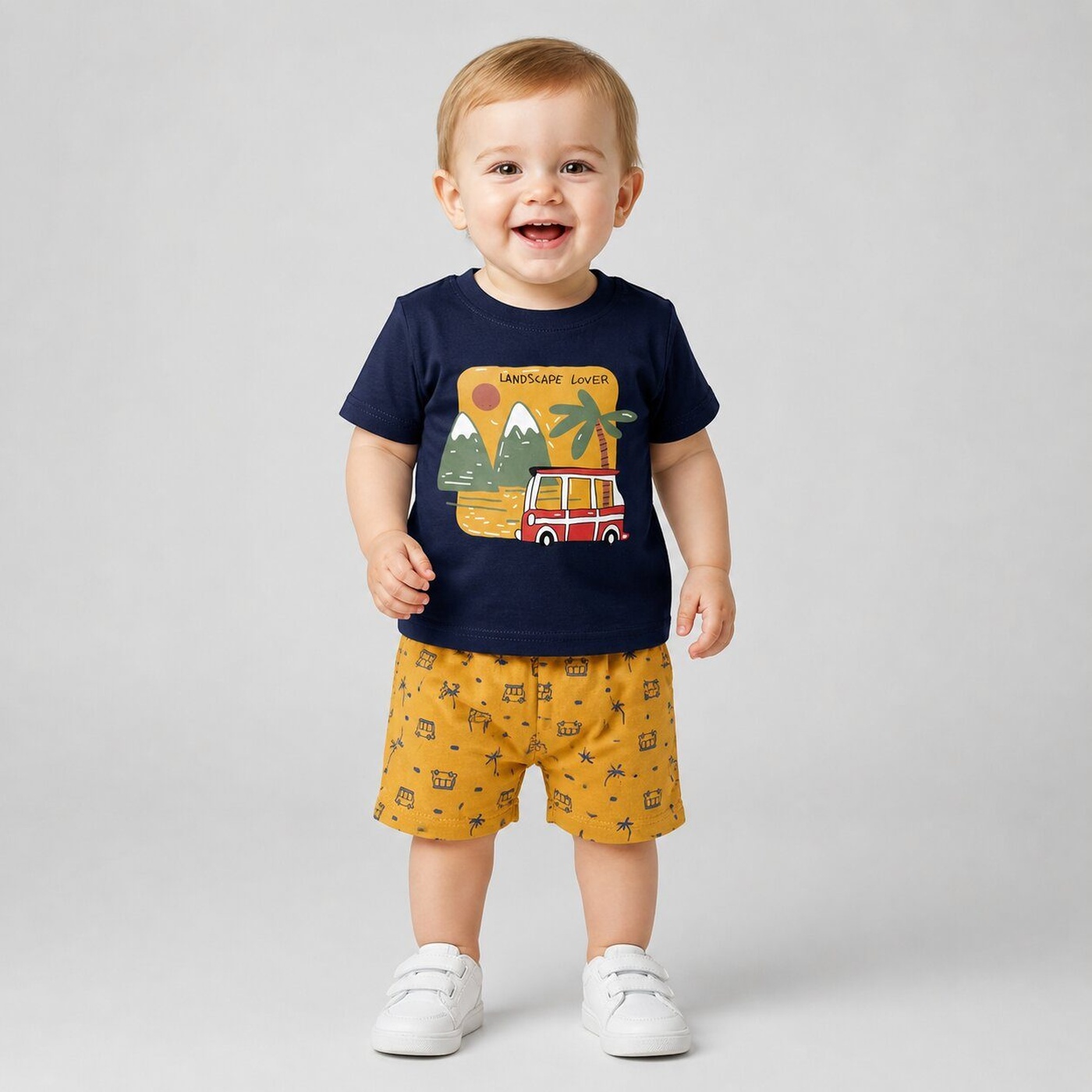 Adventure Navy Shorts Set - Boy (Bus Graphic)-24M