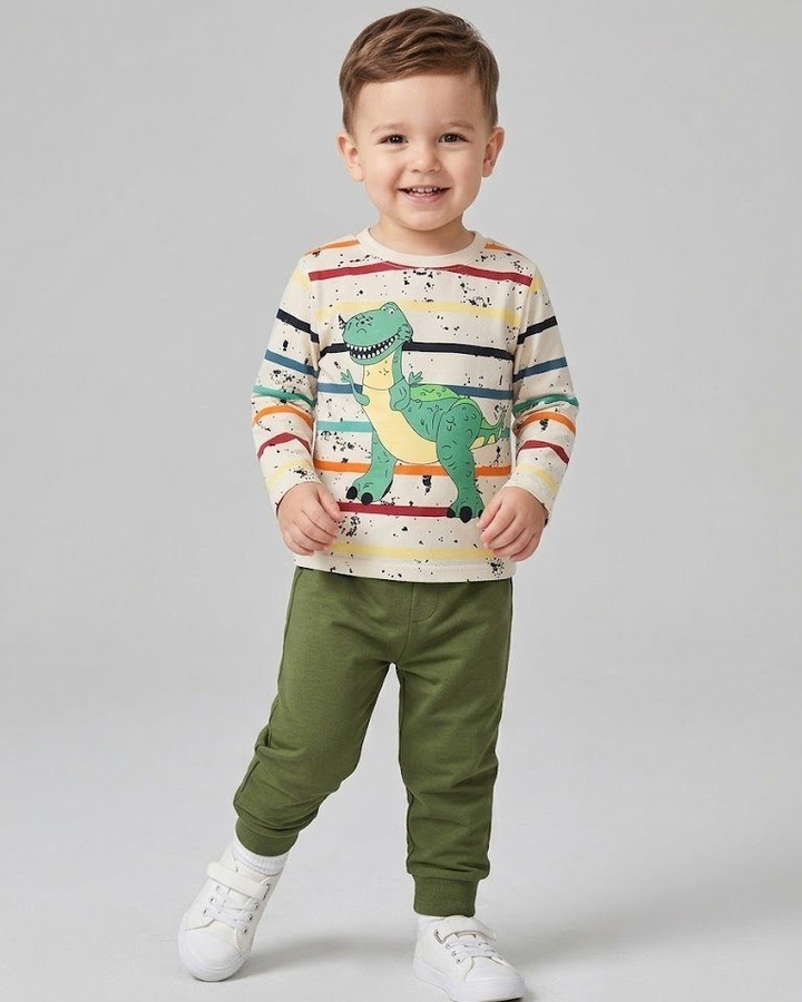 Dinosaur Green Set - Boy (Striped Top)