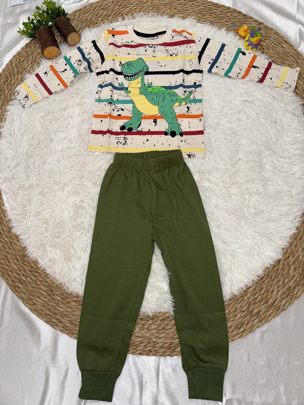 Dinosaur Green Set - Boy (Striped Top)