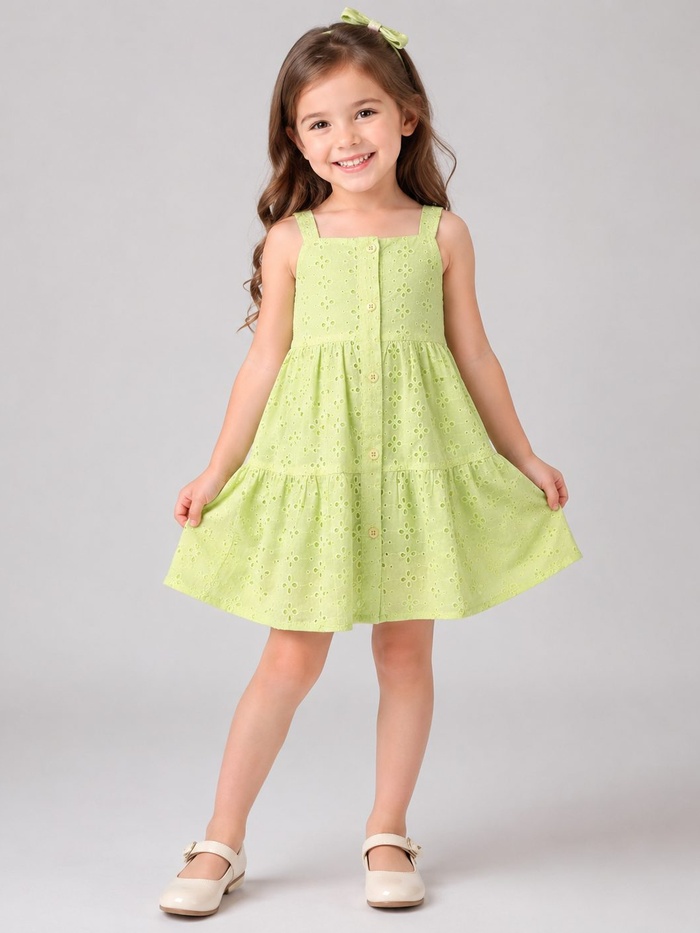 Tiered Green Dress - Girl (Button Front)