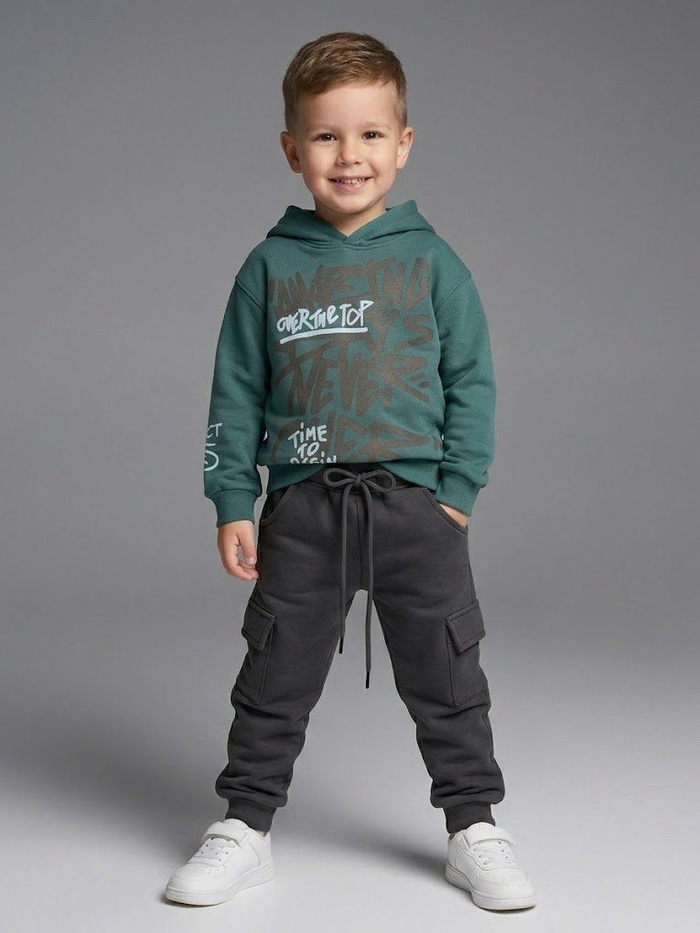 Typography Green Hoodie - Boy (Dark Grey Pants)