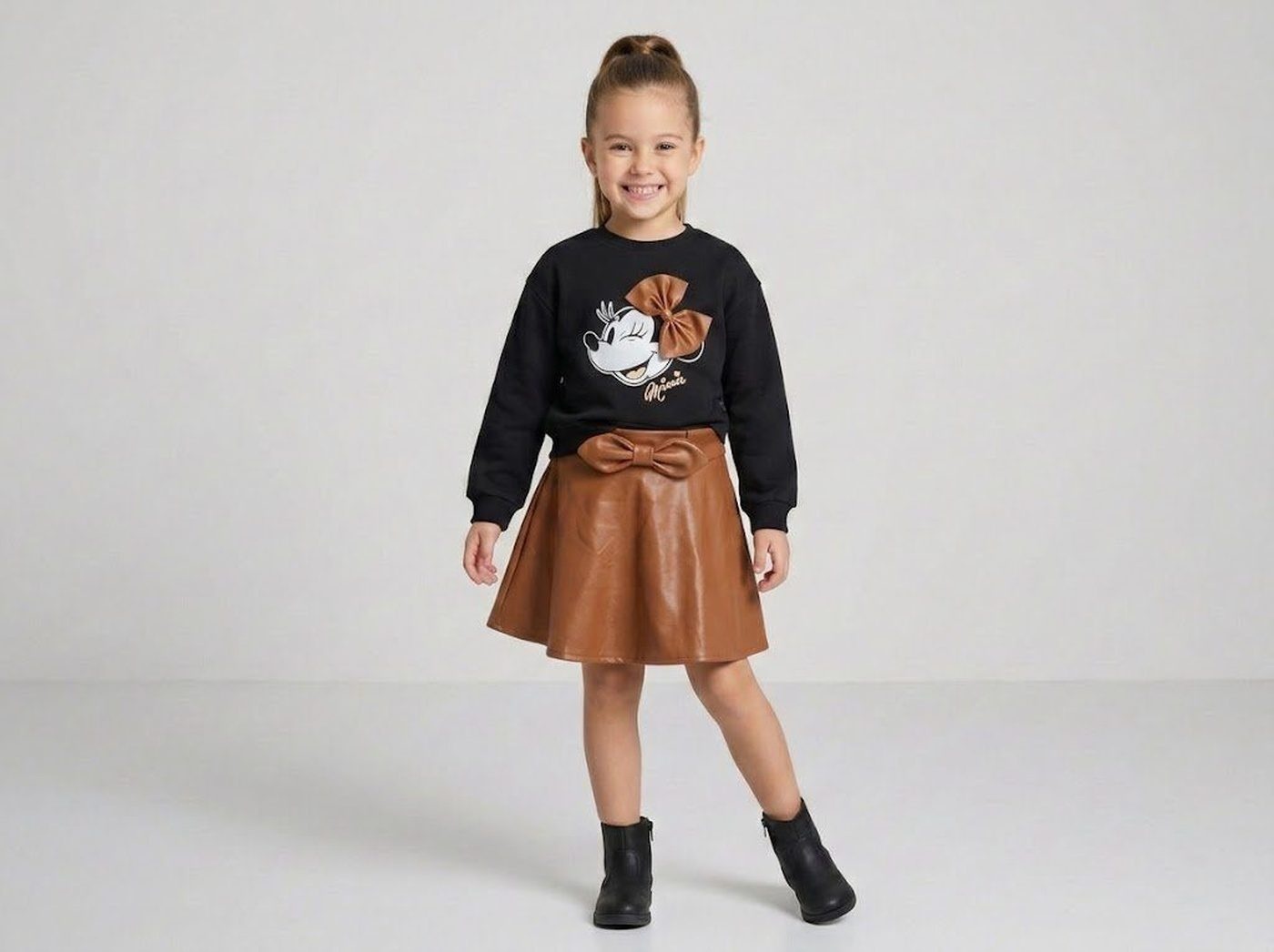 Minnie Leather Bow Set Black - For Girls (Brown Leather Skirt)