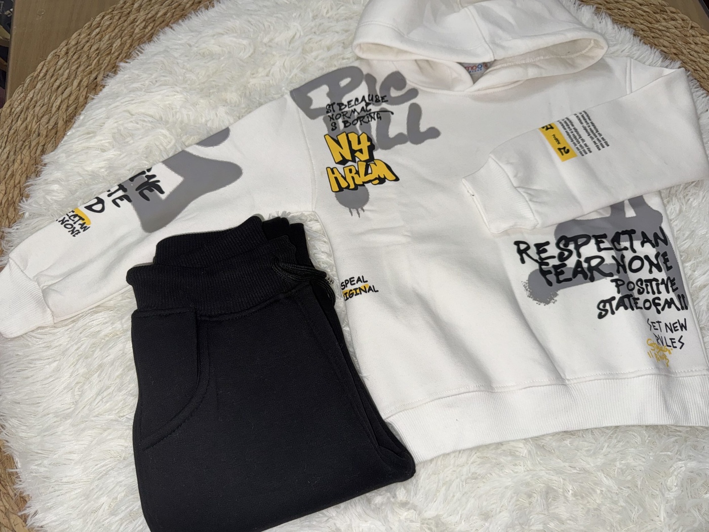 Graffiti White Hoodie - Boy (Black Cargo Pants)