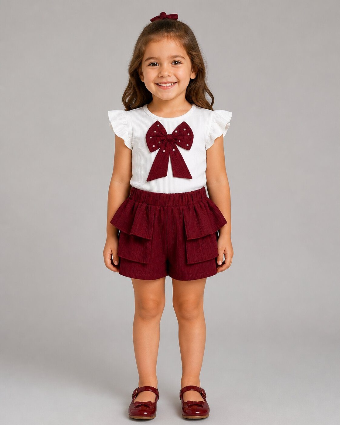 Bow Burgundy Shorts Set - Girl (Ruffle Shorts)-08