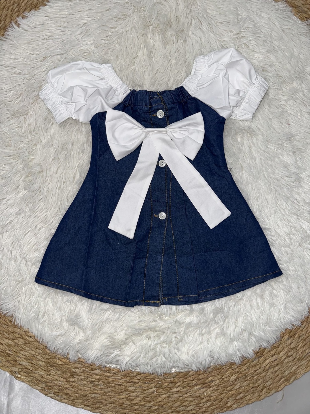 Navy Denim Dress - Girl (White Bow)-10