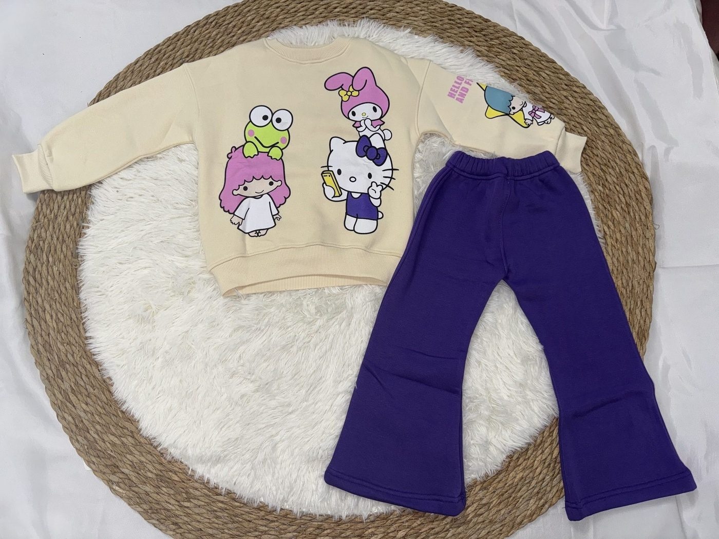 Sanrio Hello Kitty Set Cream & Purple - For Girls (Flared Pants)