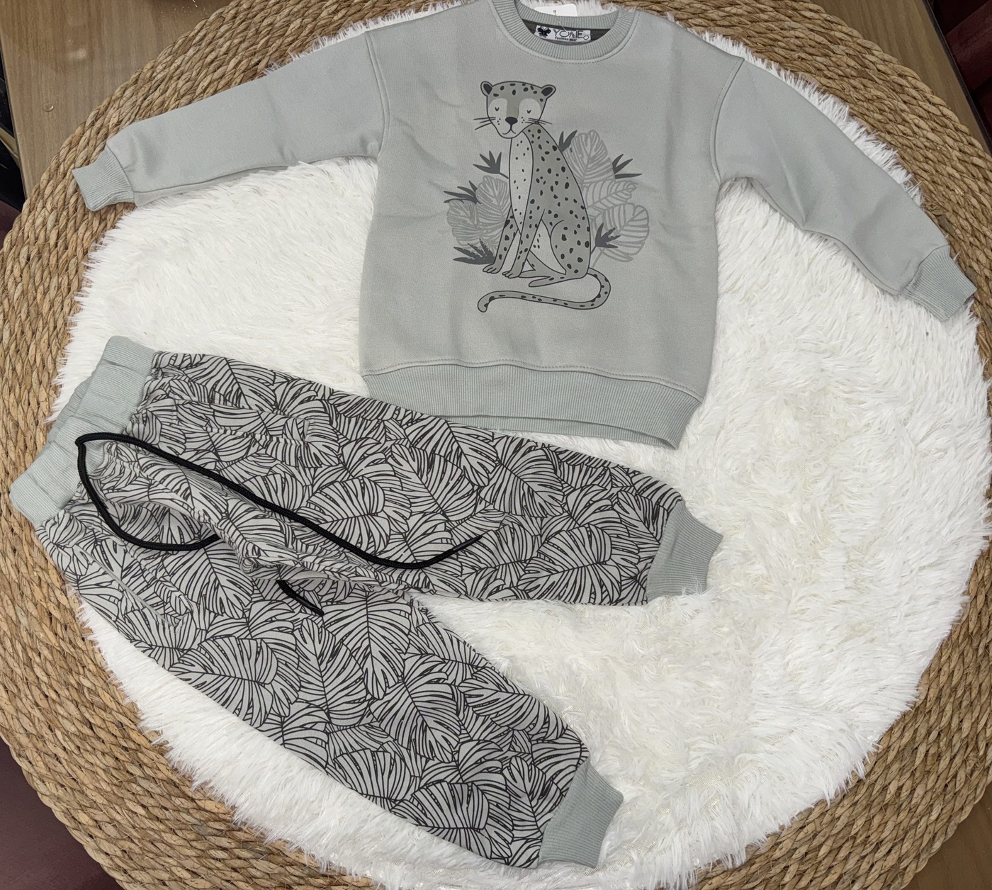 Grey Leopard Set - Boy (Leaf Print Pants)