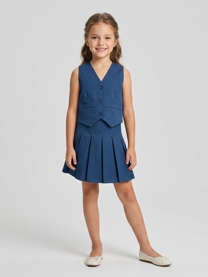 Peekaboo Blue Vest Set - Girl (Pleated Skirt)