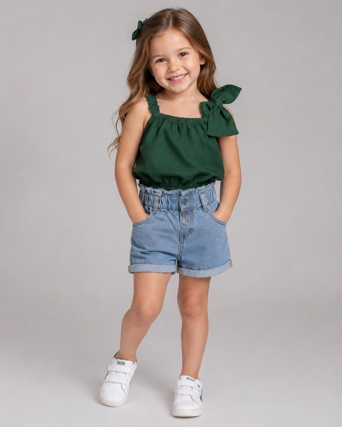 Shoulder-Bow Green Denim Shorts Set - Girl (Paperbag Waist Shorts)-08