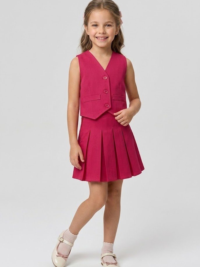 Peekaboo Fuchsia Vest Set - Girl (Pleated Skirt)