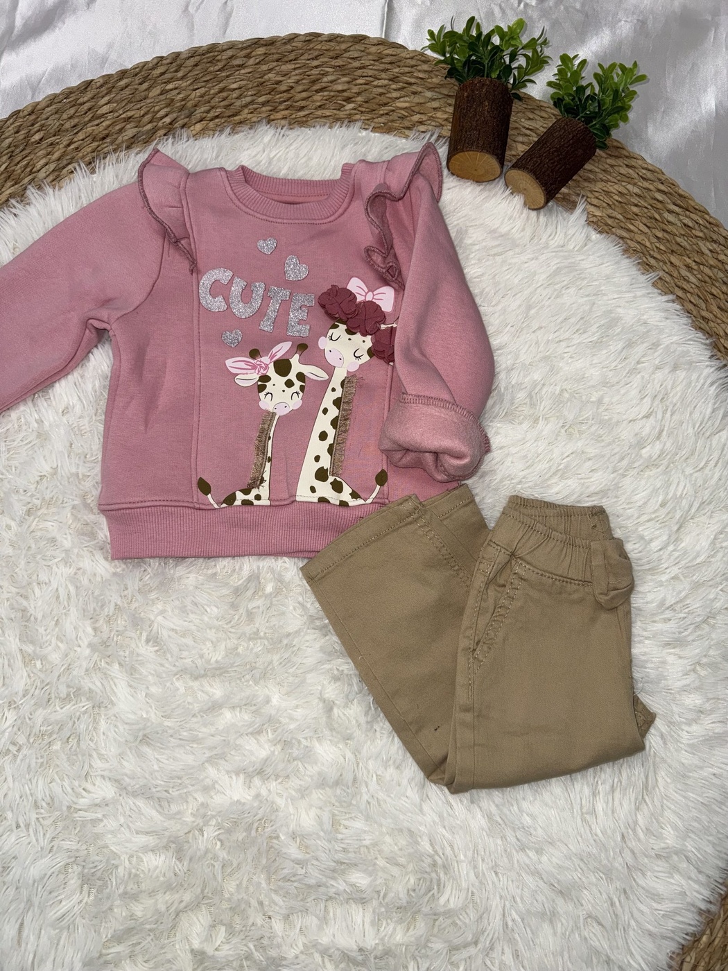 Cute Giraffe Set Dusty Pink - Girl (Beige Twill Pants)
