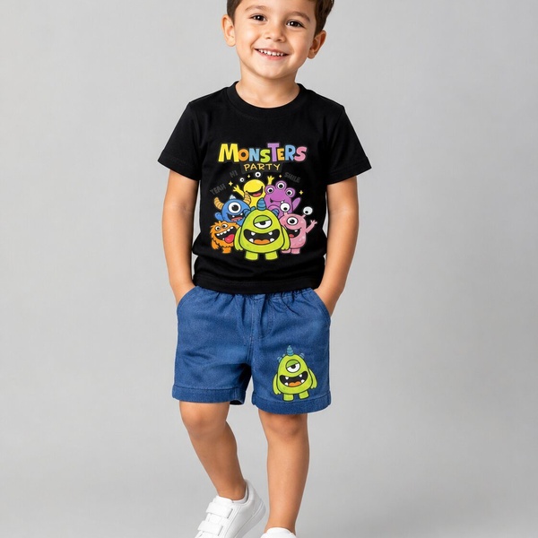Monsters Party Black Shorts Set - Boy (Front Monster Graphic)