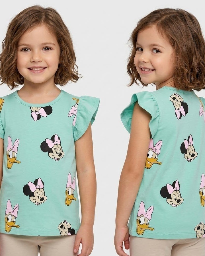 Minnie & Daisy Teal Ruffle Sleeve Tee - Girl (Allover Characters)