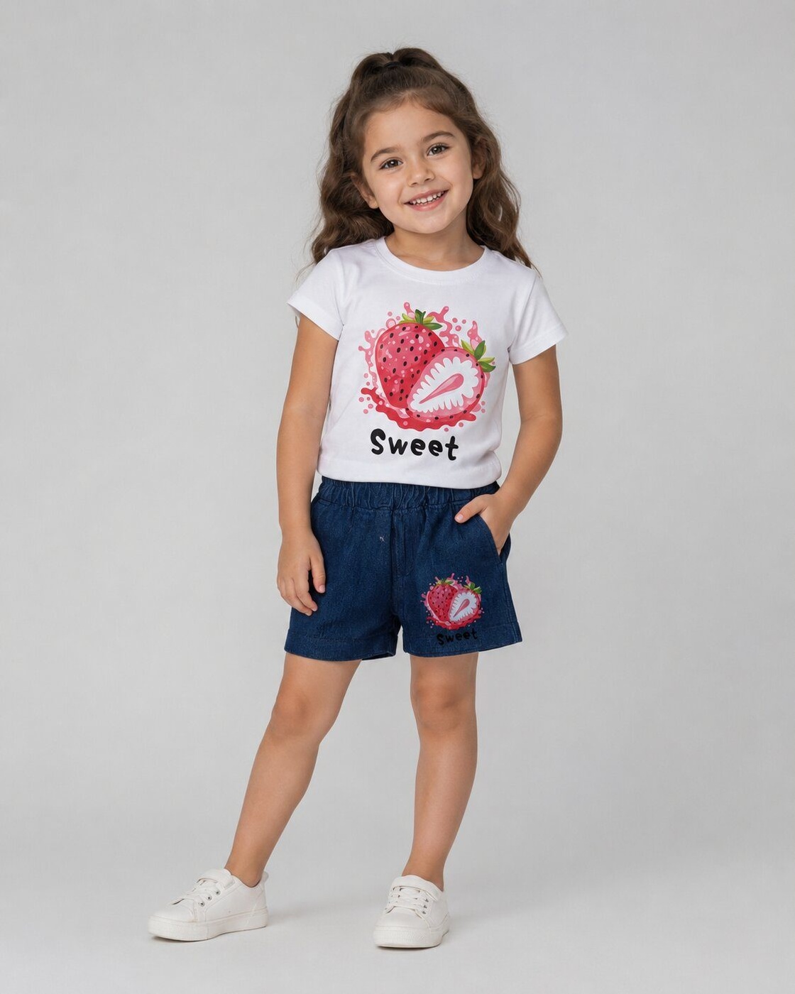 Sweet Strawberry White Shorts Set - Girl (Front Strawberry Graphic)-06