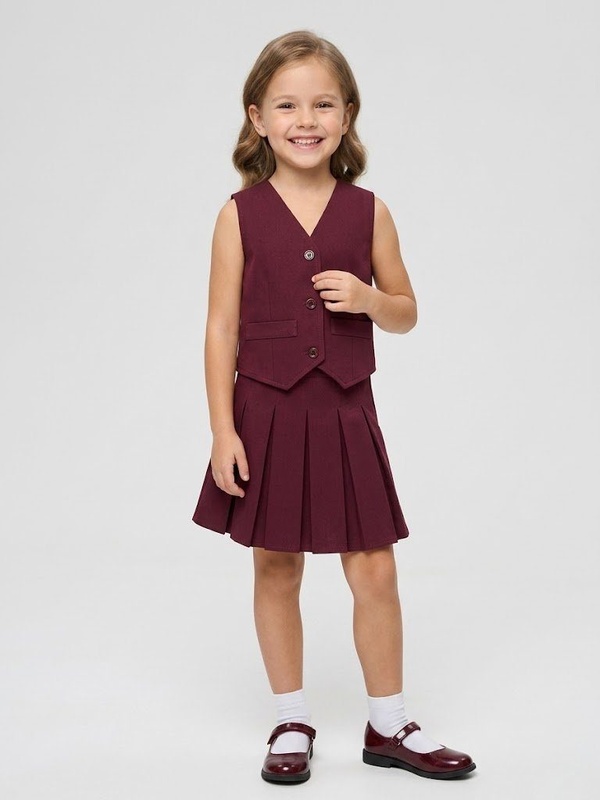 Peekaboo Burgundy Vest Set - Girl (Pleated Skirt)