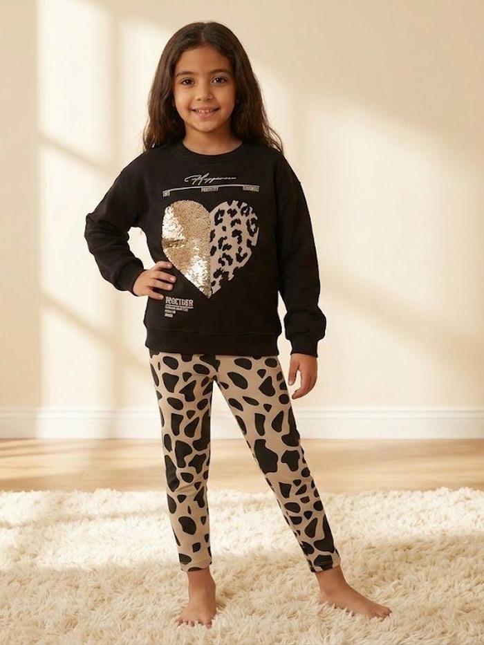 Heart Black Set - Girl (Cow Print Pants)