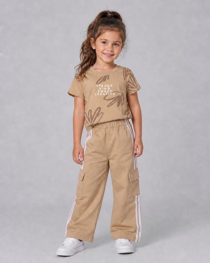 Kind Creative Beige Pants Set - Girl (Side Stripes)