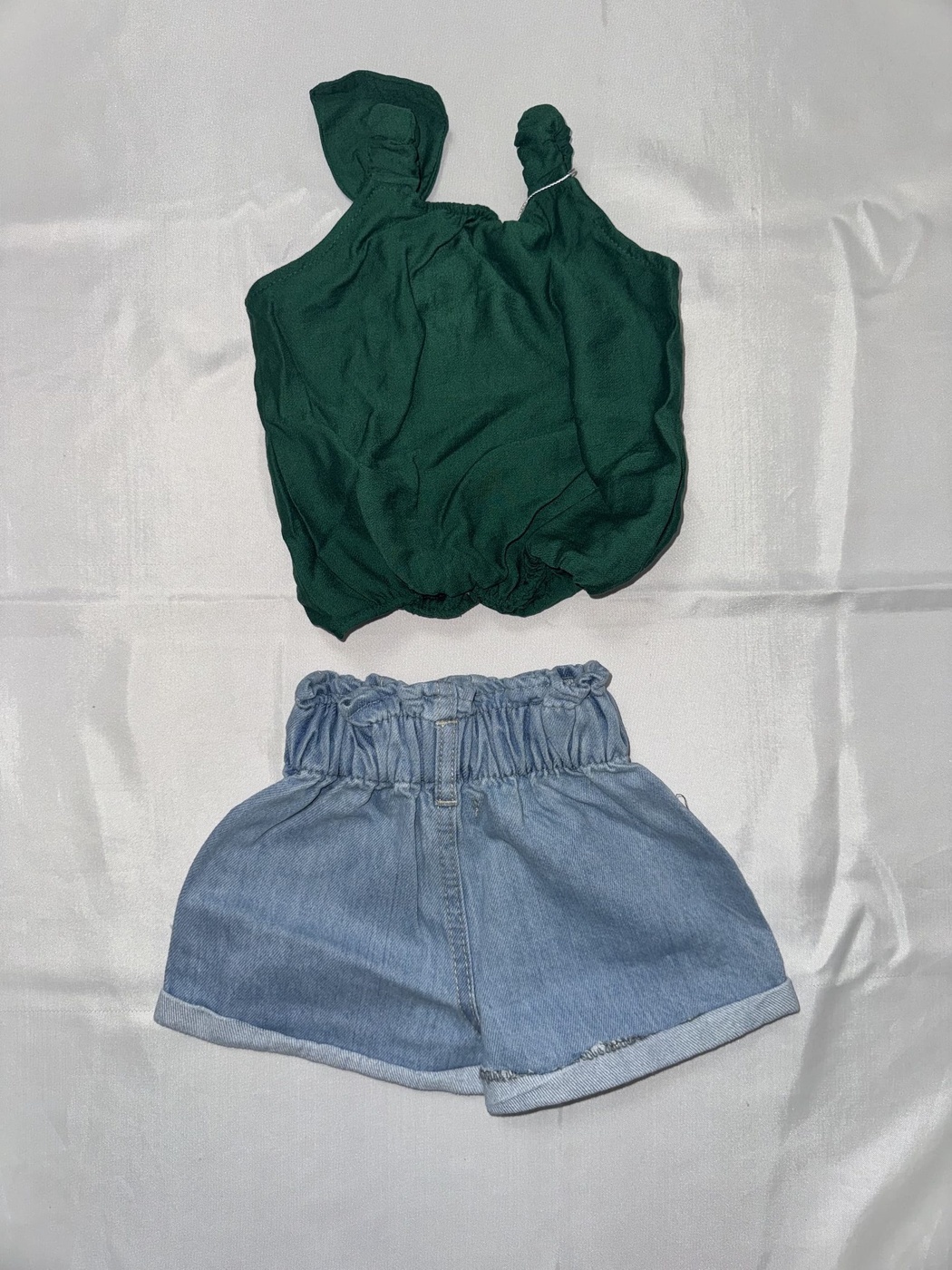 Shoulder-Bow Green Denim Shorts Set - Girl (Paperbag Waist Shorts)-08