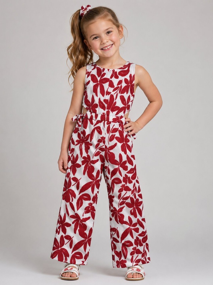 Red Floral Jumpsuit - Girl (Side Bows)