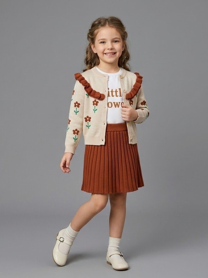Floral Ruffle 3-Piece Set Beige - Girl ("Little Flower" Inner Shirt)