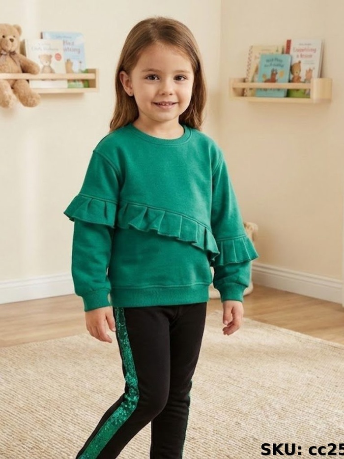 Green Ruffle Set - Girl (Sequin Stripe Pants)