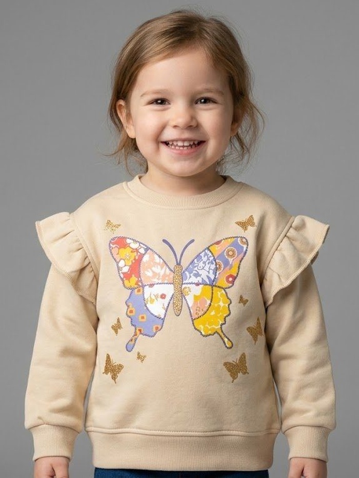 Butterfly Sweatshirt Beige - Girl (Patchwork Art Style)