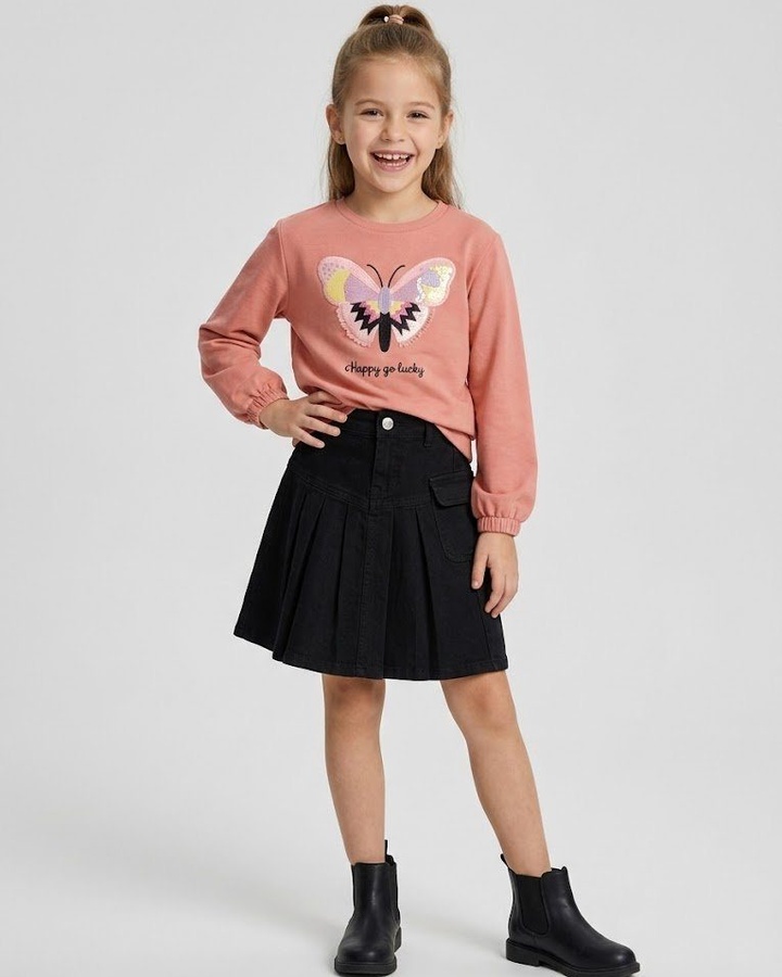 Happy Butterfly Fringe Set Peach - Girl (Black Pleated Skirt)