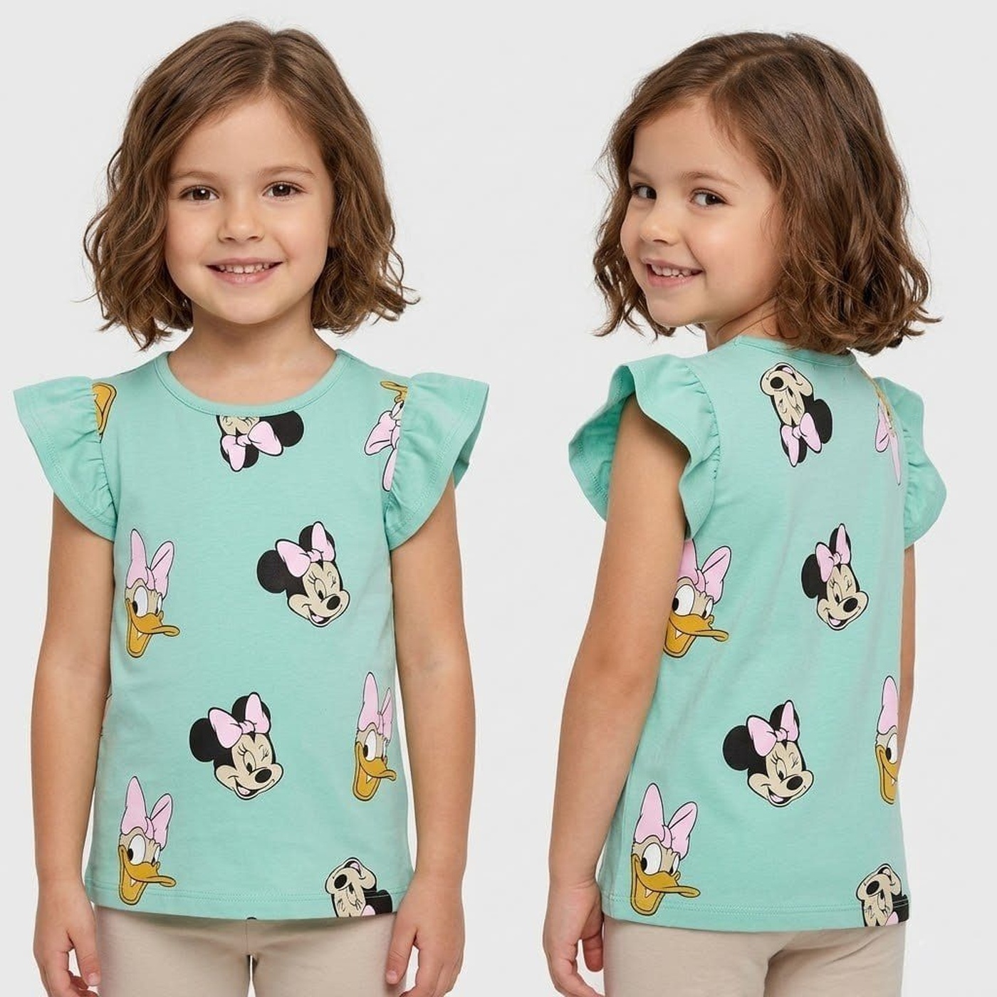 Minnie & Daisy Teal Ruffle Sleeve Tee - Girl (Allover Characters)-08