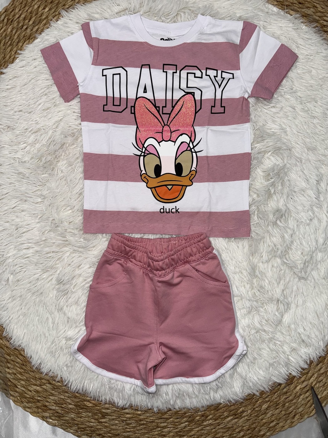 Daisy Duck Pink Striped Shorts Set - Girl (Front Graphic)-06