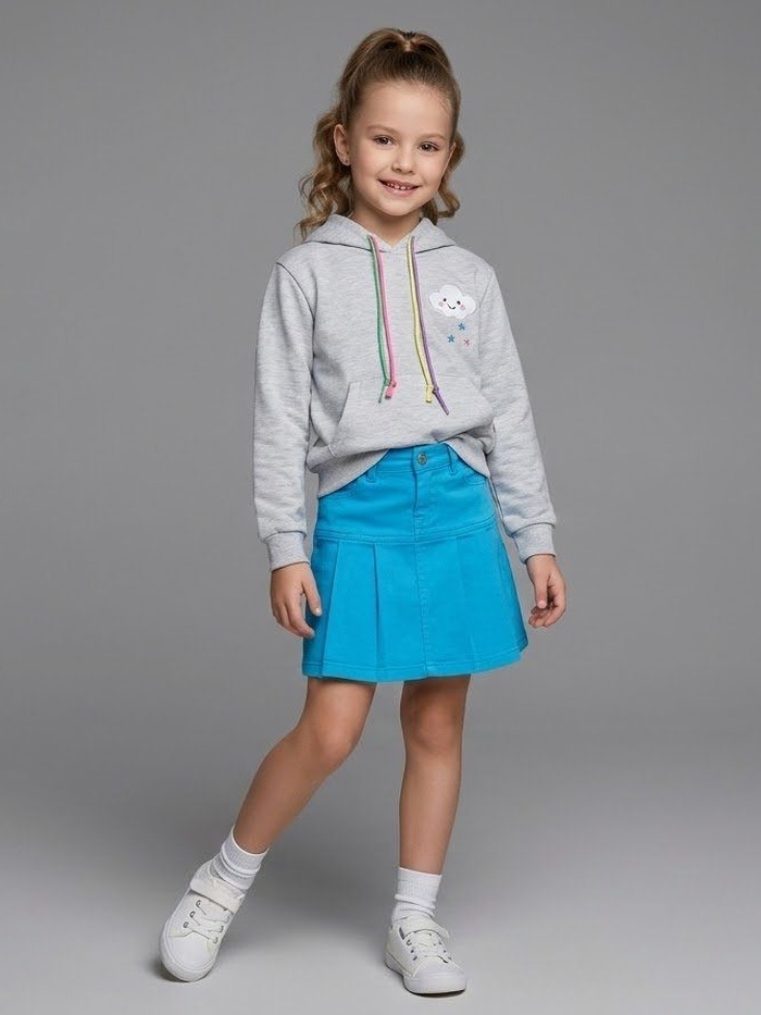 Rainbow Cloud Fringe Hoodie Set Grey - Girl (Blue Denim Skirt)