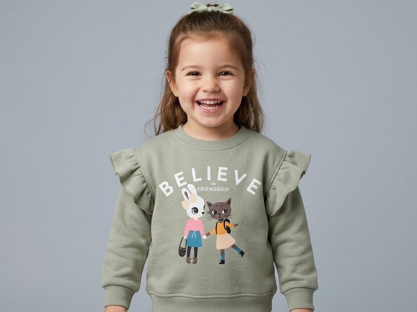 Friendship Sweatshirt Sage Green - Girl (Bunny & Cat)
