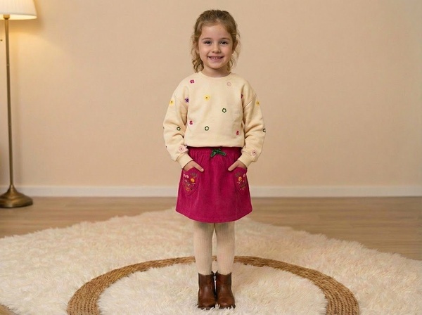 Floral Pocket Set Cream & Fuchsia - Girl (Embroidered Pockets)