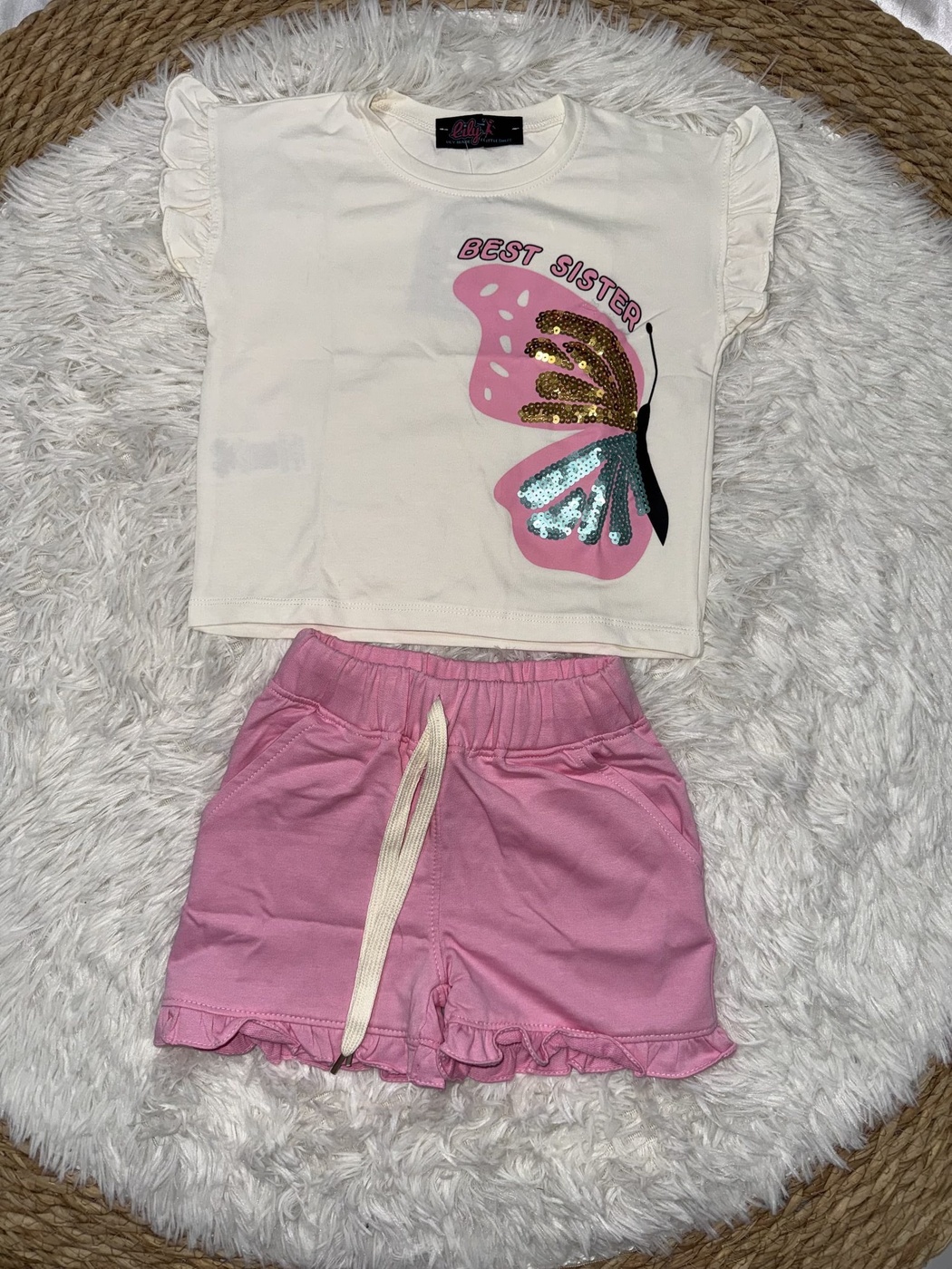 Best Sister Pink Shorts Set - Girl (Butterfly Graphic)-06