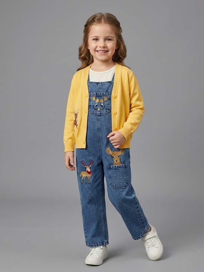 Deer Cardigan Dungaree Set Yellow - Girl (Embroidered Denim Overalls)