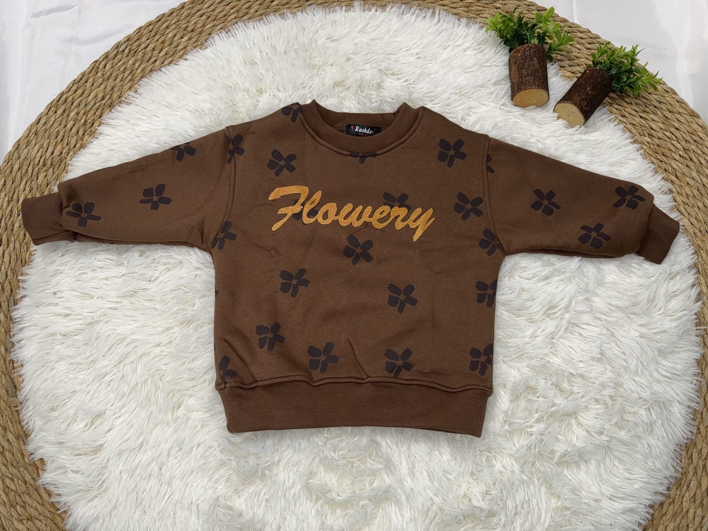Flowery Sweatshirt Brown - Girl (Gold Text Embroidery)