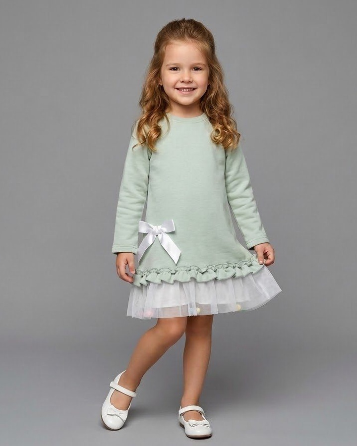 Pom Pom Tulle Dress Set Sage Green - Girl (White Ribbon Bow)