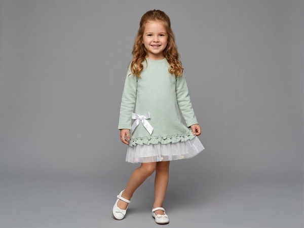 Pom Pom Tulle Dress Set Sage Green - Girl (White Ribbon Bow)