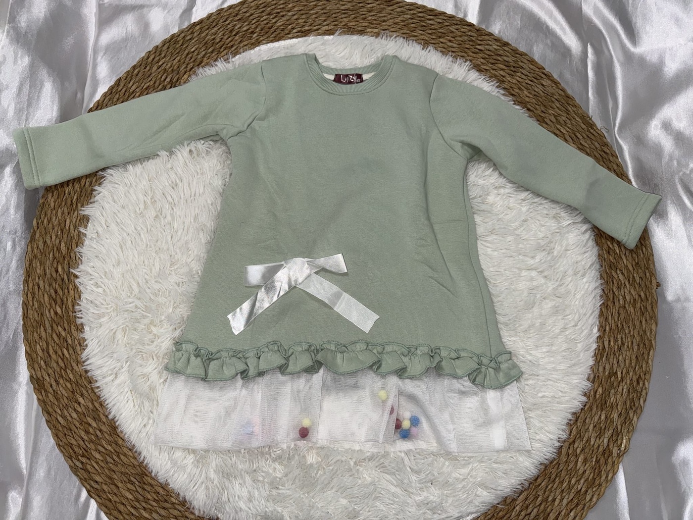 Pom Pom Tulle Dress Set Sage Green - Girl (White Ribbon Bow)