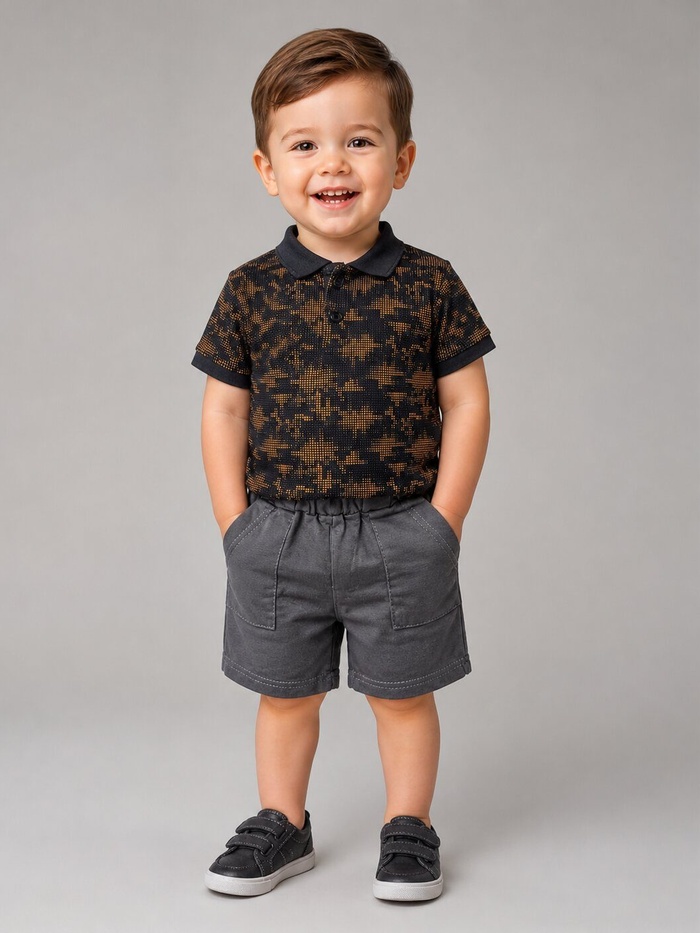 Patterned Black Polo Shorts Set - Boy (Contrast Gray Shorts)