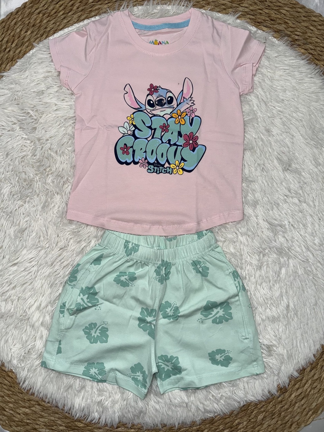 Stitch Pink Shorts Set - Girl (Green Shorts)-08
