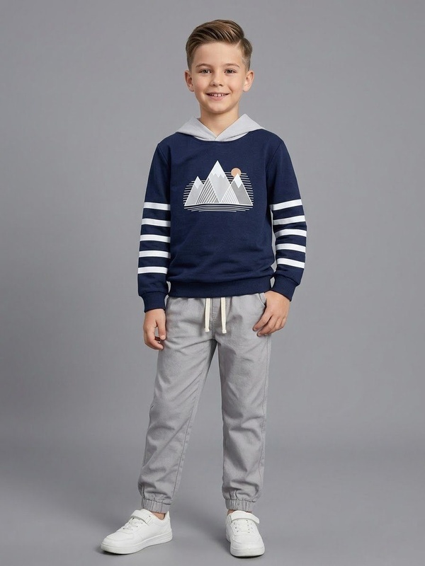 Mountain Graphic Hoodie Set Navy - Boy (Striped Sleeves & Grey Pants)