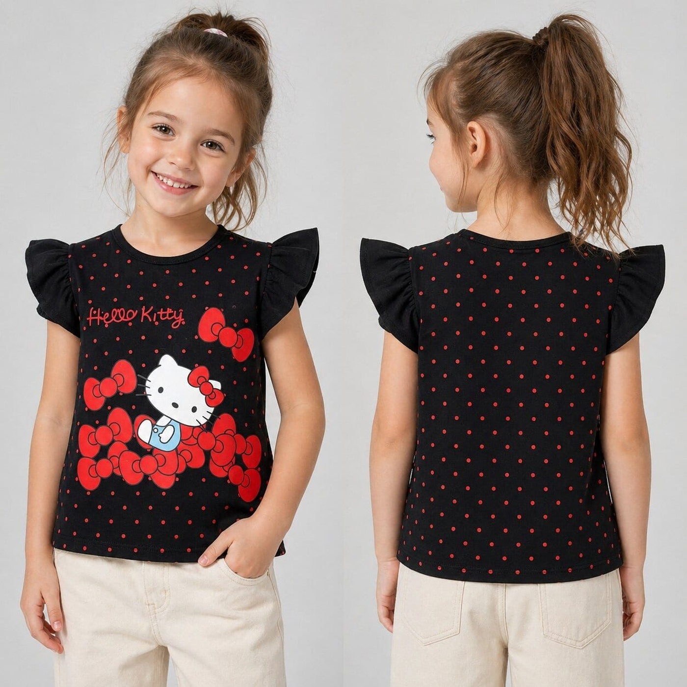 Hello Kitty Black Ruffle Sleeve Tee - Girl (Red Bow Graphic)-08
