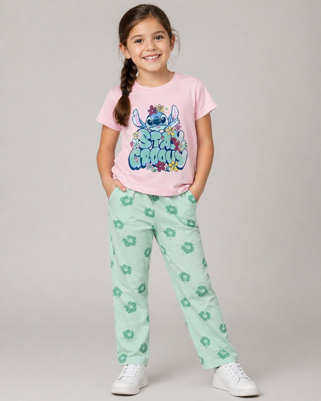 Stitch Pink Pants Set - Girl (Green Pants)-10