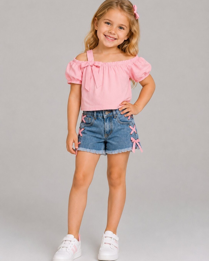 Bow-Trim Pink Denim Shorts Set - Girl (Side Lace Bows)