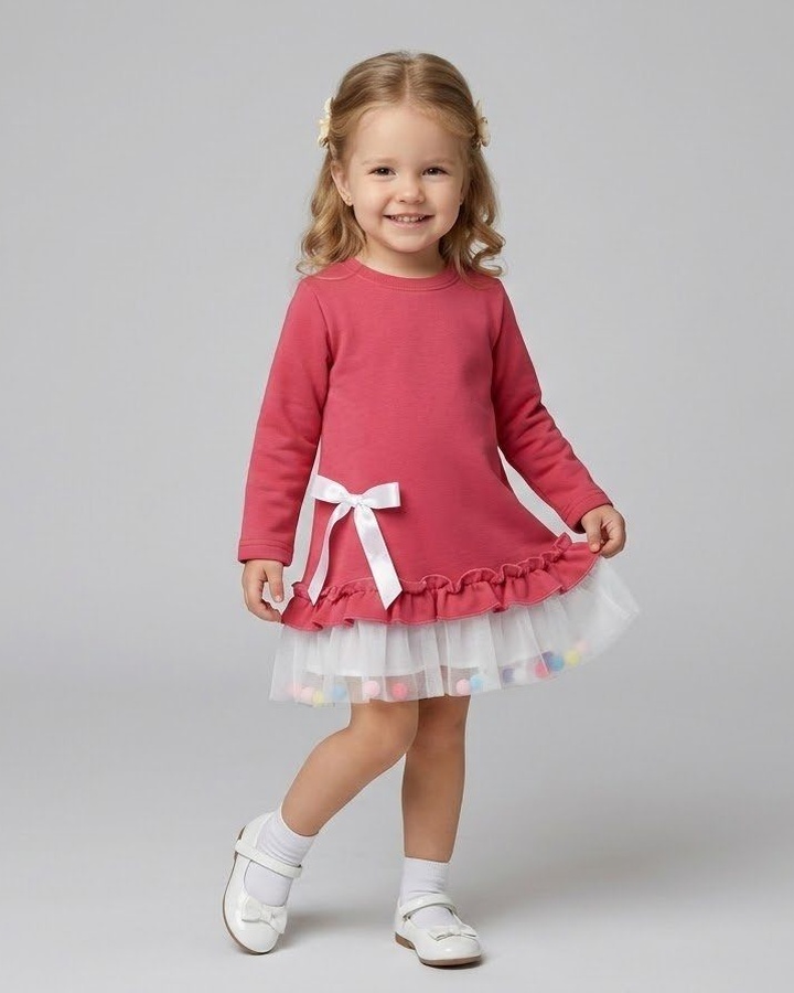 Pom Pom Tulle Dress Set Dark Pink - Girl (White Ribbon Bow)