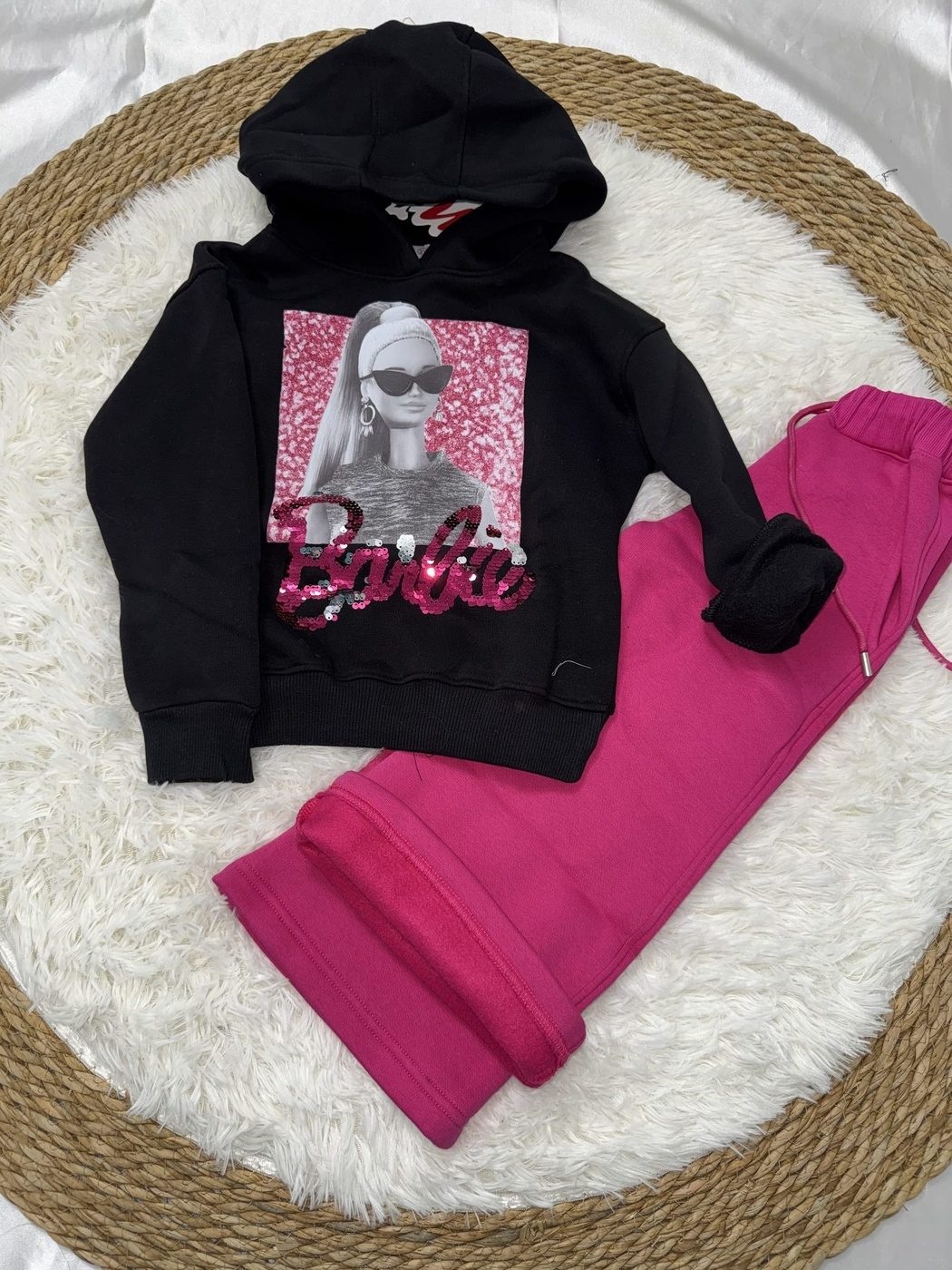 Barbie Sequin Hoodie Set Black - For Girls (Hot Pink Pants)